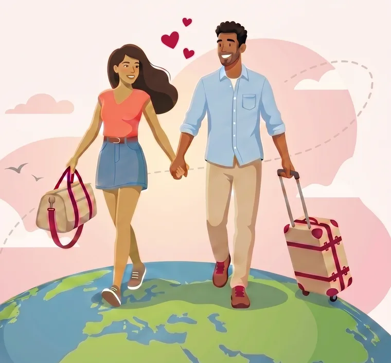A happy couple holding hands, walking together across a tiny globe with hearts in the air